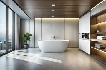 Beautiful  bathroom with big illuminated bath tube generated by AI tool.