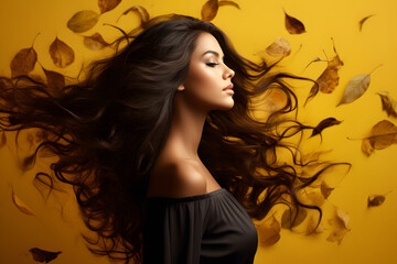 Fototapeta na wymiar A studio shot captures a woman in front of a vibrant yellow background, with her long hair flowing, and autumn leaves adding a touch of seasonal beauty to the scene