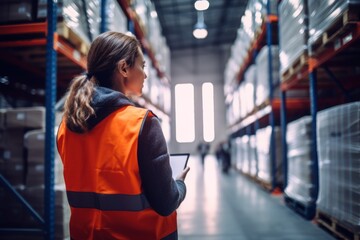 Young woman worker using digital tablet checking in warehouse.