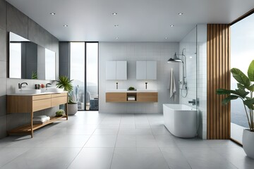 Modern  bathroom with bright tiles , toilet and sink generated by AI tool.