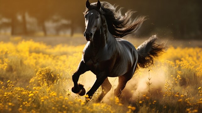 A black horse galloping across a sunlight meadow - Powered by Adobe
