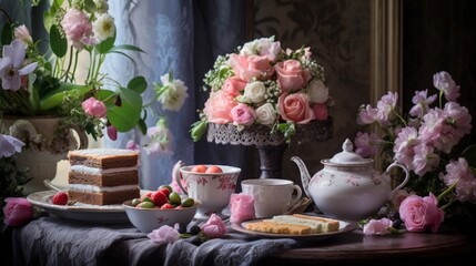 a charming Mother's Day high tea, where a beautiful bouquet of flowers, a slice of delicious cake, and a cup of aromatic coffee come together against a textured setting