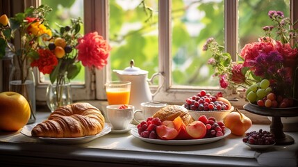 a delicious morning spread by the window, including aromatic coffee, flaky croissants, and a colorful assortment of fresh fruits