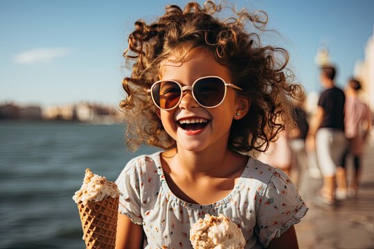 Summertime fun. Happy little girl eating ice cream on a summer beach. Vacation concept