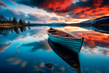 Fototapeta premium A wooden boat drifts on a glassy lake