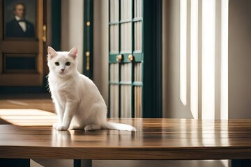 a close up of white cat sitting on wooden table ne 
