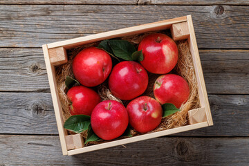 Wooden box with fresh red apples