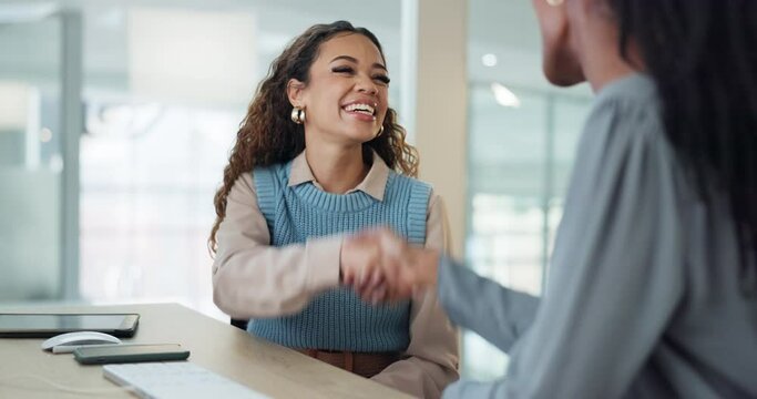 Smile, handshake and thank you with business women in the office for partnership, teamwork or human resources interview. Meeting, b2b or welcome with professional people shaking hands and laughing