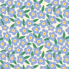 Delicate Floral Pattern with Blue Flowers and Greenery. Vintage folk floral background. Seamless vector pattern for design and fashion prints. Use for for textile, wallpaper, covers.