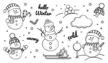 Different Isolated Snowman Doodles And Winter Illustration Icons Set