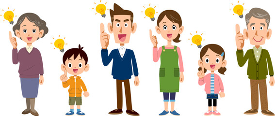 アイデアを思いつく三世代家族の表情と仕草
