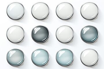 White glass buttons with chrome frame. Vector 3d illustration isolated