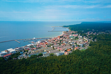 Fototapeta premium Birds eye view of sea landscape with city Hel on peninsula. Baltic Sea coast in Poland. Resort town in the summer season