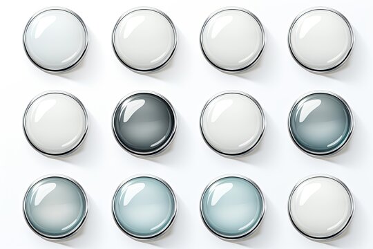 White glass buttons with chrome frame. Vector 3d illustration isolated