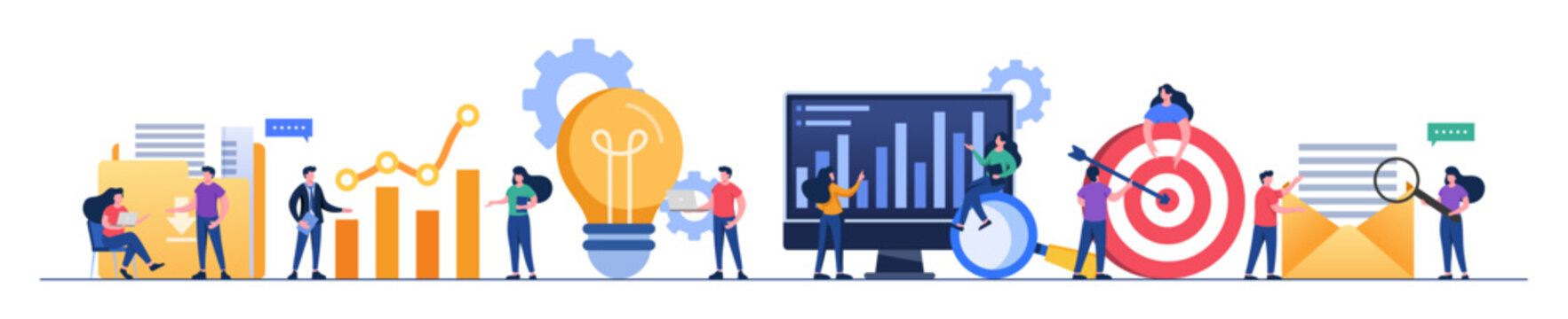 Business performance data analysis flat illustration concept, Search engine optimization, Market research chart, Data Analytics, Financial report, Business strategy, Financial forecast
