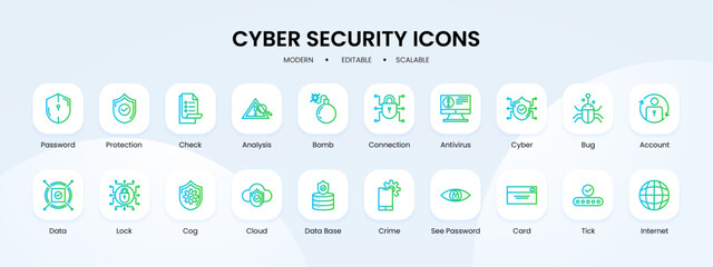 Cyber security icon collection with blue and green gradient outline style. security, data, cyber, protection, safety, technology, secure. Vector Illustration