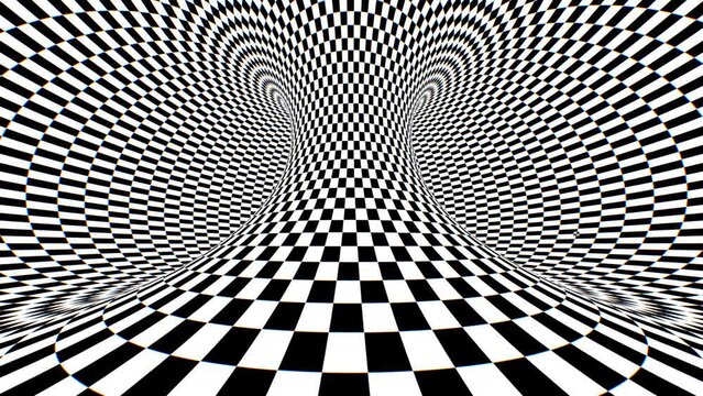 Black And White Optical Illusion Moving Checkerboard Pattern 3D Torus - 4K Seamless VJ Loop Motion Background Animation