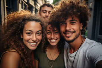 Fototapeta premium Group of handsome young people smiling and taking selfie at party in club. Friends meeting concept. AI generated