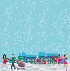Christmas shopping - group of people shopping in the city - card - 646258881
