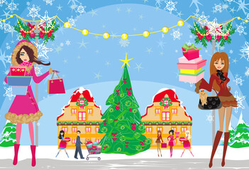 Christmas shopping - group of people shopping in the city - card - 646258889