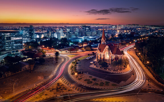 Aerial view of Windhoek, Namibia, featuring the its best-recognized landmark, the Christ Church (Christuskirche), a German Lutheran church combining Neo-Gothic and Art Nouveau styles, built in 1907.