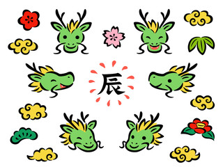 手描き風の緑色の龍の顔と和風のイラストセット