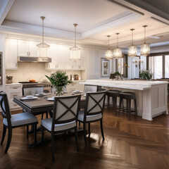 European kitchen with corner banquette seating with channel back cushions, wood floors,