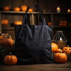 black canvas tote bag with pumpkins