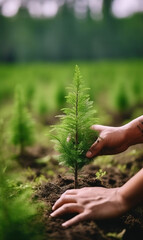 Reforestation concept with close-up image of man planting trees