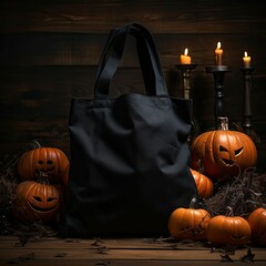 black canvas tote bag with pumpkins