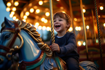 Fototapeta na wymiar Cheerful child having fun in an amusement park rides a horse on a carnival carousel at an amusement park on a weekend.