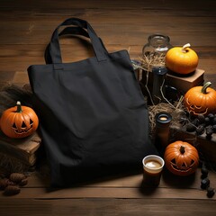 black canvas naturel tote bag and halloween pumpkin