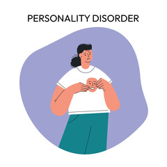 Mental disorder problems, personality disorders. sad woman with happy mask. Vector illustration