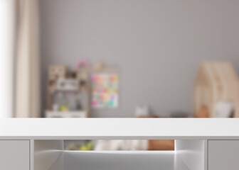 Empty white table top and blurred kids room interior on the background. Copy space for your object, product, toy presentation. Display, promotion, advertising. 3D Rendering.