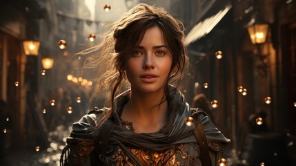 Fototapeta premium Steampunk superhero soars to save: Jetpack, corset, goggles. 