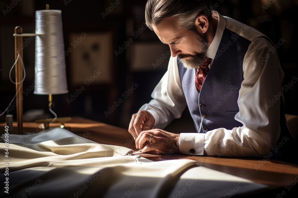 Poster Caucasian tailor in the workshop at work.