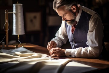 Caucasian tailor in the workshop at work.