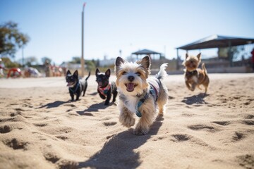A pack of dogs runs on the sand in the summer.