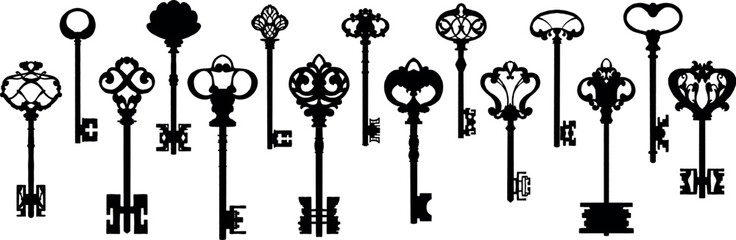 silhouette keys set of different shape ornament and secrecy in vintage style isolated vector illustration