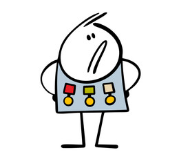 Hero proudly raised his head, hung the medals on his chest. Vector illustration of an arrogant character, a participant in battles, with a reward.