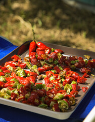 Chilis beim Trocknen mit Salz in der Sonne 