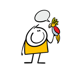 Circus trainer holds african tropical parrot on his arm and teaches him to speak. Vector illustration of cartoon bird shows a trick.