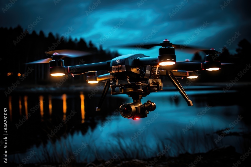 Canvas Prints flying quadcopter with illumination at night.