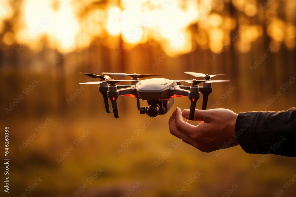 Poster hands of a man with a take-off quadcopter.