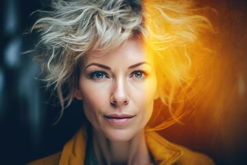 Fototapeta premium Girl with developing hair with yellow light.