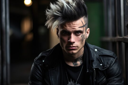 Man in leather jacket with punk hairstyle.