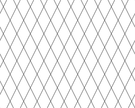 Diagonal cross line grid seamless pattern. Geometric diamond texture. Black diagonal line mesh on white background. Minimal quilted fabric. Metallic wires fence pattern. Vector illustration.