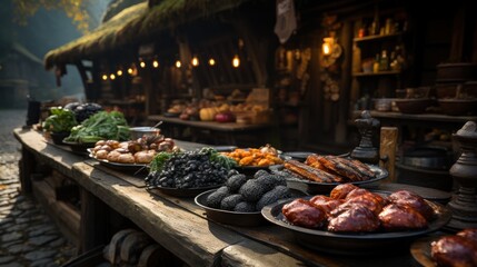 A close-up of a food stand in the Viking village. 
