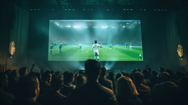Group of Soccer Fans Watching a Live Football Match in a Sports Bar. People Standing in Front of a TV, Cheering for Their Team. Player Scores a Goal and Crowd Celebrate Winning the Championship. - Powered by Adobe