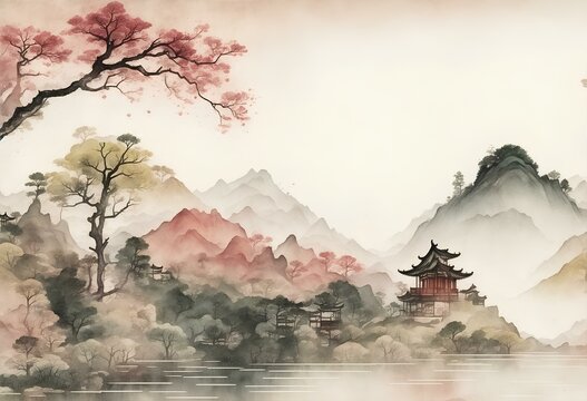 Traditional Chinese house hill scenery landscape watercolor painting wallpaper oriental background